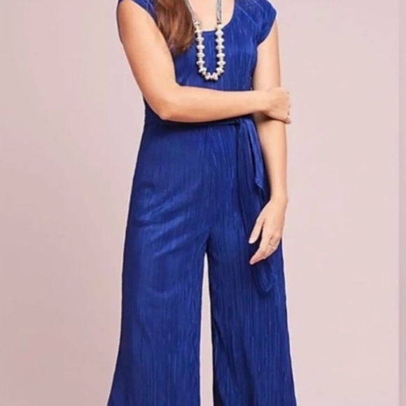 Maeve by Anthropologie Women’s 12 Blue Metallic Pleated Tie-Waist Sonata Romper - Picture 2 of 10